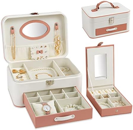 Organizator kutije za nakit od kože PU kože za žene 2 sloja, s ogledalom, uklonjivim, s zaključavanjem | bijela ružičasta