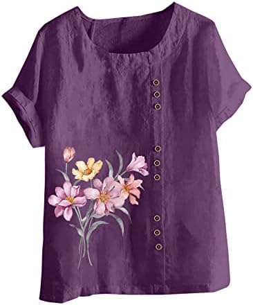 Majice od pamučne posteljine za žensko ljeto plus veličine vrhovi cvjetni print gumb kratkih rukava majice bluze za vrat vrat