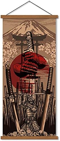 Japanski zidni umjetnički oklop samurai mač Print plakat na platnu kostur orijentalni art dekoracija drva uokvireno na viseće 16 ”x35”