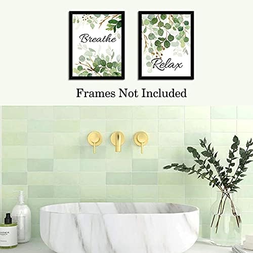 Hlniuc opuštanje Soak Unapuhajte udisajte sa zelenim listom Art Print, Botanička kupaonica citati zidna umjetnost, set od 4 akvarele
