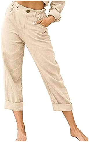 Gufesf lanene hlače za žene, ženske pamučne lanene hlače plus veličina elastični struk visoki struk Capri hlače labave udobne hlače