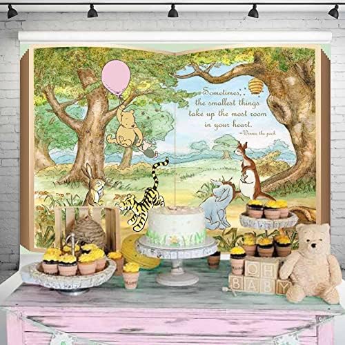 Klasična divovska pozadina knjige s medvjedom Vinnie Pooh, Vintage drvena pozadina od sto hektara s ružičastim balonom, ukrasi za rođendanske