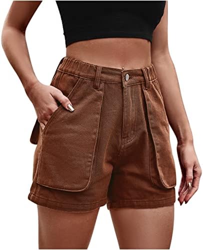Ženski teretni traper kratke hlače s visokim strukom Straight Wide Working Jean Shorts Elastic Cught Cught Kratke hlače za ljeto