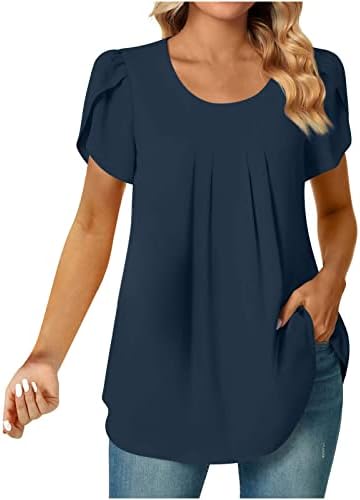 Ženski elegantni vrhovi kratkih rukava s laticama za izlazak, ljetna obična majica, plisirane tekuće bluze s okruglim vratom, široke