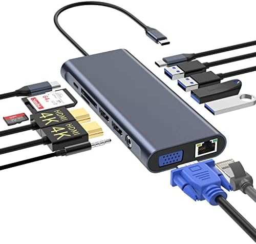 USB C priključna stanica s 2 x 4K HDMI, Ethernet, VGA, Audio, USB3.0 TF/SD Dongle Docking Station kompatibilna za MacBook iPad Pro
