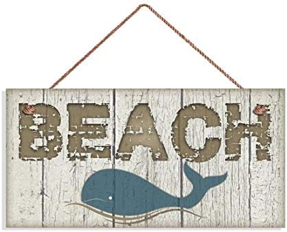 Znak na plažu s kitovima i valovima na iscrpljenom drvu, 6 x 12 znak, zidna ploča, kuća na plaži, ocean, natpisi
