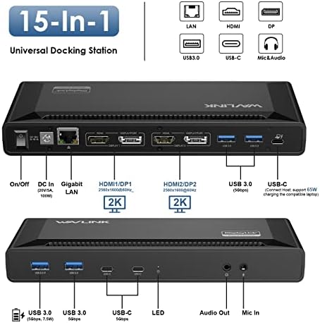Univerzalni priključna stanica za prijenosno računalo WAVLINK USB 3.0 sa dva monitora, kompatibilnih s USB-A ili USB-C, dva priključka