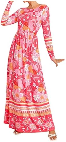 + Boho haljina za žene, ležerna Maksi haljina s cvjetnim printom dugih rukava, modna haljina s okruglim vratom, haljina veličine plus
