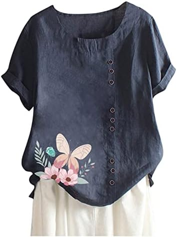 Ženska majica kratkih rukava od lana i pamuka za jesensko ljeto s cvjetnim vratom čamca i leptir mašnom