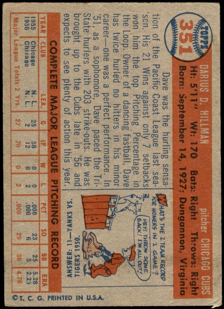 1957. Topps 351 Dave Hillman Chicago Cubs VG+ Cubs