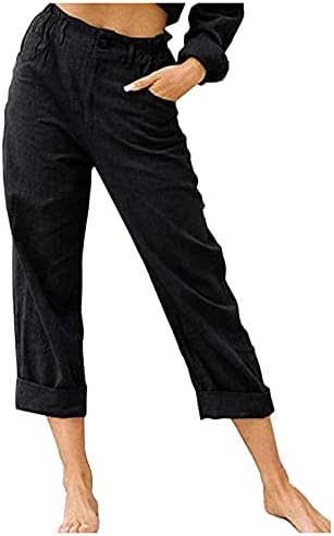 Ženske Capri hlače od pamuka i lana s elastičnim strukom, Ležerne široke ošišane hlače, široke lagane ljetne sportske hlače s džepovima