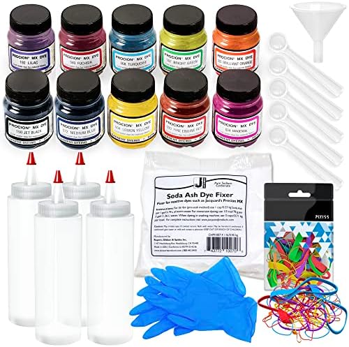 Reaktivna boja za žakardna vlakna, 1 lb sode bikarbone, 3 para rukavica od lateksa, gumice različitih veličina od 1 oz, 4 boce za cijeđenje