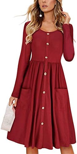 Andongnywell ženske čvrste boje okrugli vrat haljine dugih rukava casual gumb dolje midi haljina s džepovima