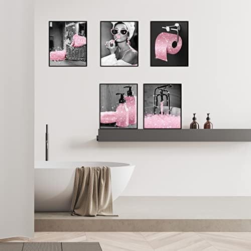 Modni zid umjetnost kupaonica zidni dekor otisci set od 6 crno -bijelo ružičasti glamur svjetlucavi platneni plakati slike fotografije
