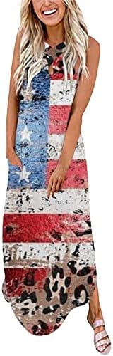 4. srpnja Maksi haljina za žene, ležerna ljetna haljina u stilu boho američke zastave, bez rukava, s križnim vratom, Duge sundresses