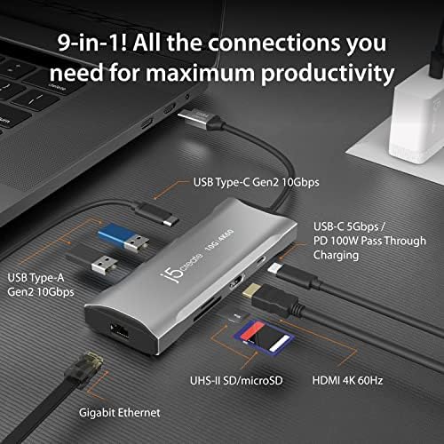 J5Create USB C Hub-4K 60Hz HDMI, USB-C 10Gbps, 2 USB-A 10Gbps, 100W PD s USB-C 5GBPS, Ethernet, SD 4.0 čitač kartica | Za MacBook,