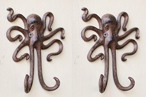 Set od 2 hobotnice za odlaganje zida visi kuka Rustikalna antička nautička ukras lijevano željezo dugačka 5,6 inča široka 5,5 inča