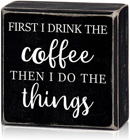 Prvo pijem kavu-zabavna stanica za kavu Drvena kutija Zidna umjetnička ploča, crna drvena kutija Kava Bar uredski kuhinjski dekor ploča