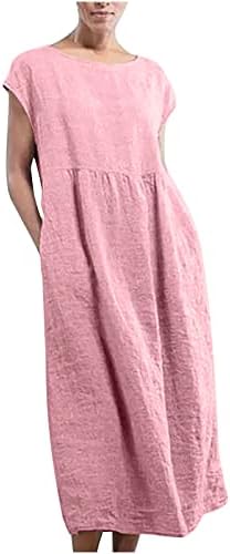 Ženska jednobojna duga haljina bez rukava s okruglim vratom od vintage pamuka i lana, retro ljetna ležerna duga haljina