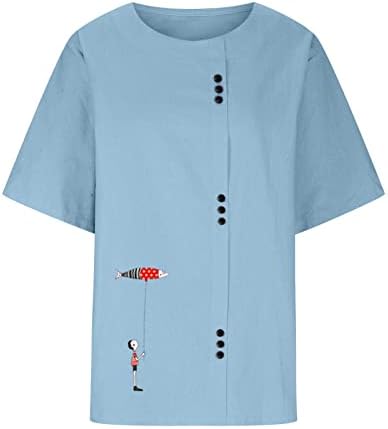 Pamučni platneni vrhovi za žene Ljetni modni gumbi Košulja labava kratka rukava O-Neck bluza Vintage tunike majice