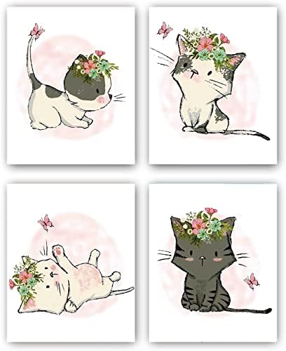 Mačji otisci, smiješna mačka i leptir umjetnički tisak, slatka mačja umjetnička plakata za zidne umjetničke dekor za kuću i dječju